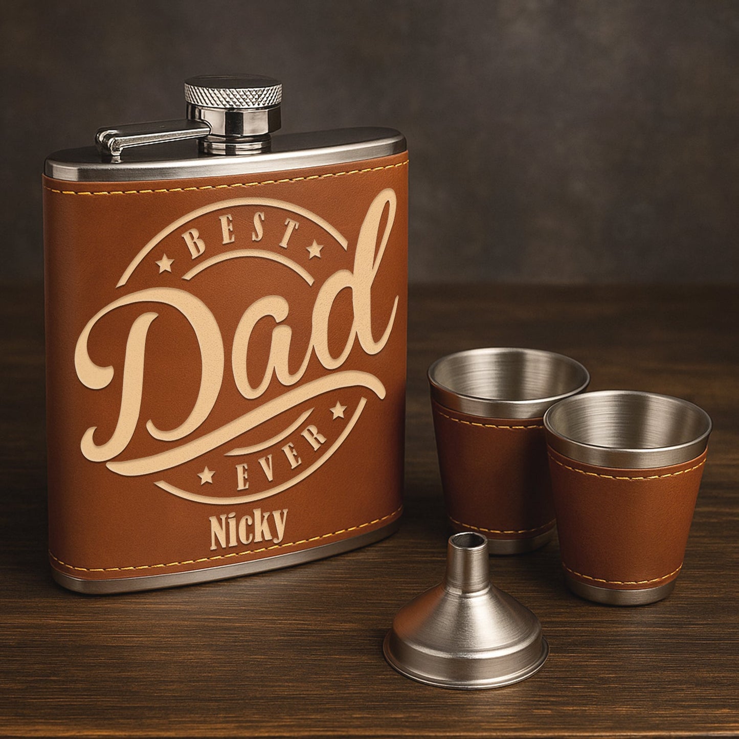 Father - Best Dad Ever - Personalized Leather Flask