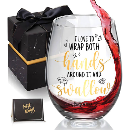 Couple - I Love To Wrap Both Hands Around It and Swallow - Personalized Stemless Wine Glass