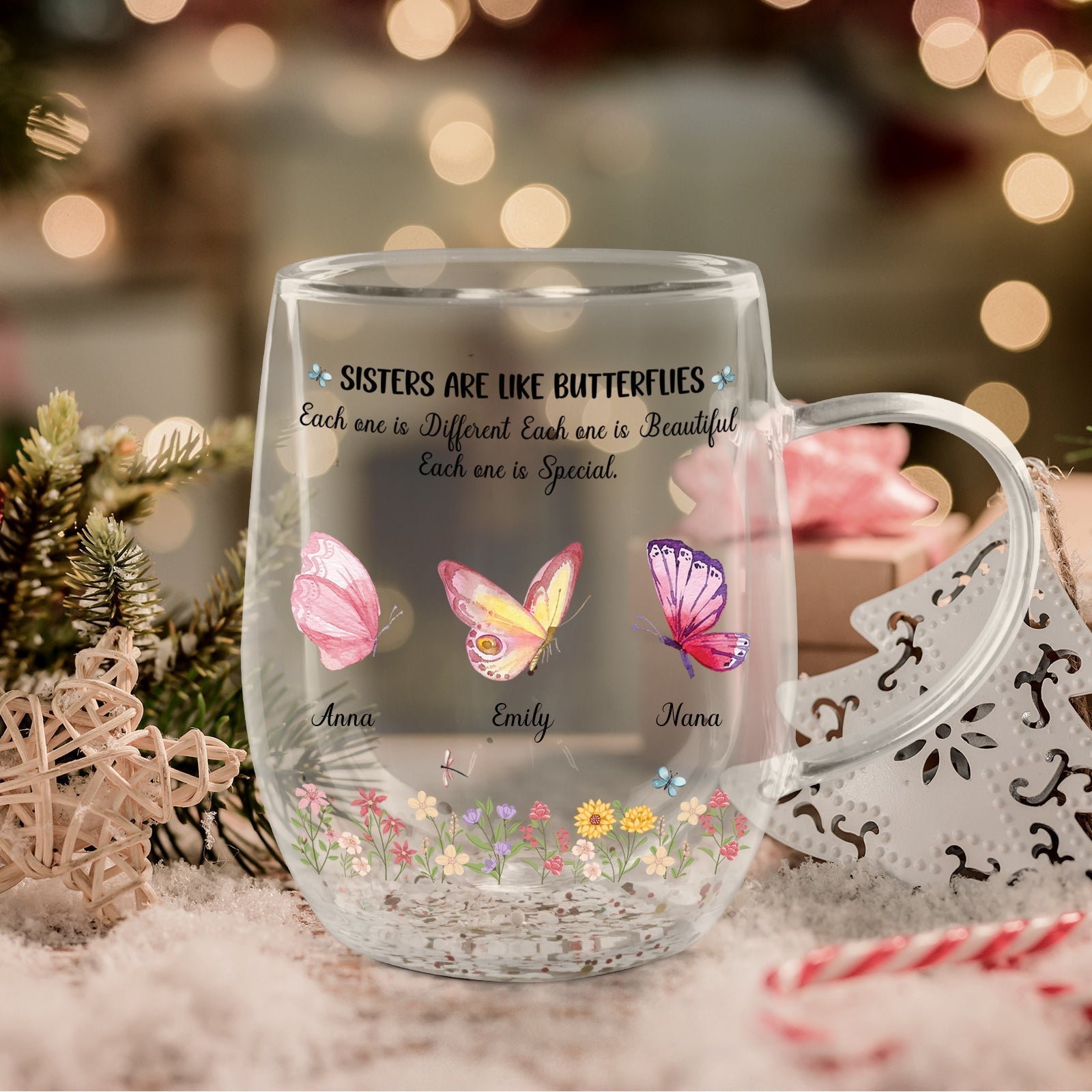 Besties - Sisters Are Like Butterflies - Personalized Flower Double Walled Glass