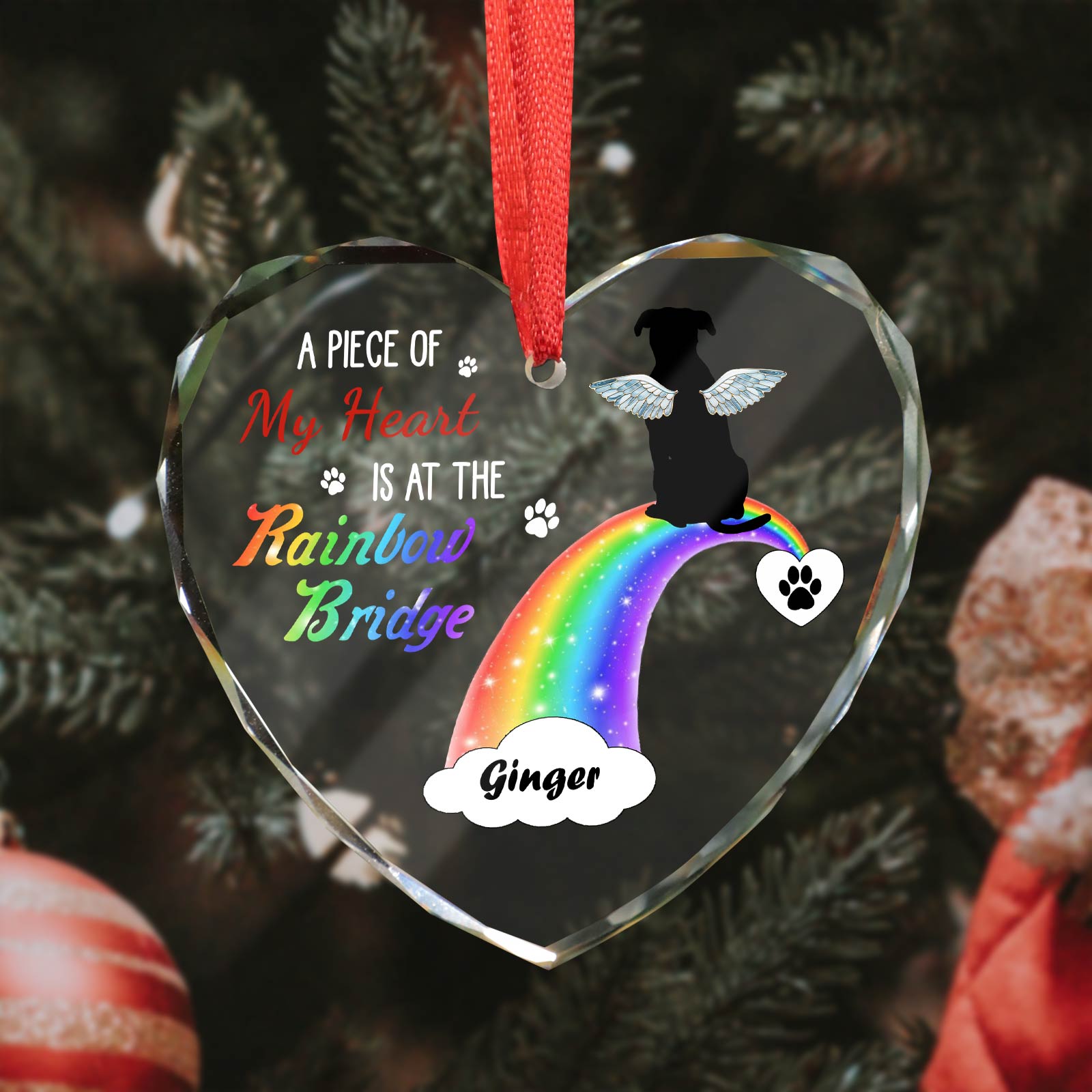 Pet Lover - A Piece Of My Heart Is At The Rainbow Bridge - Personalized Heart Shape Glass Ornament