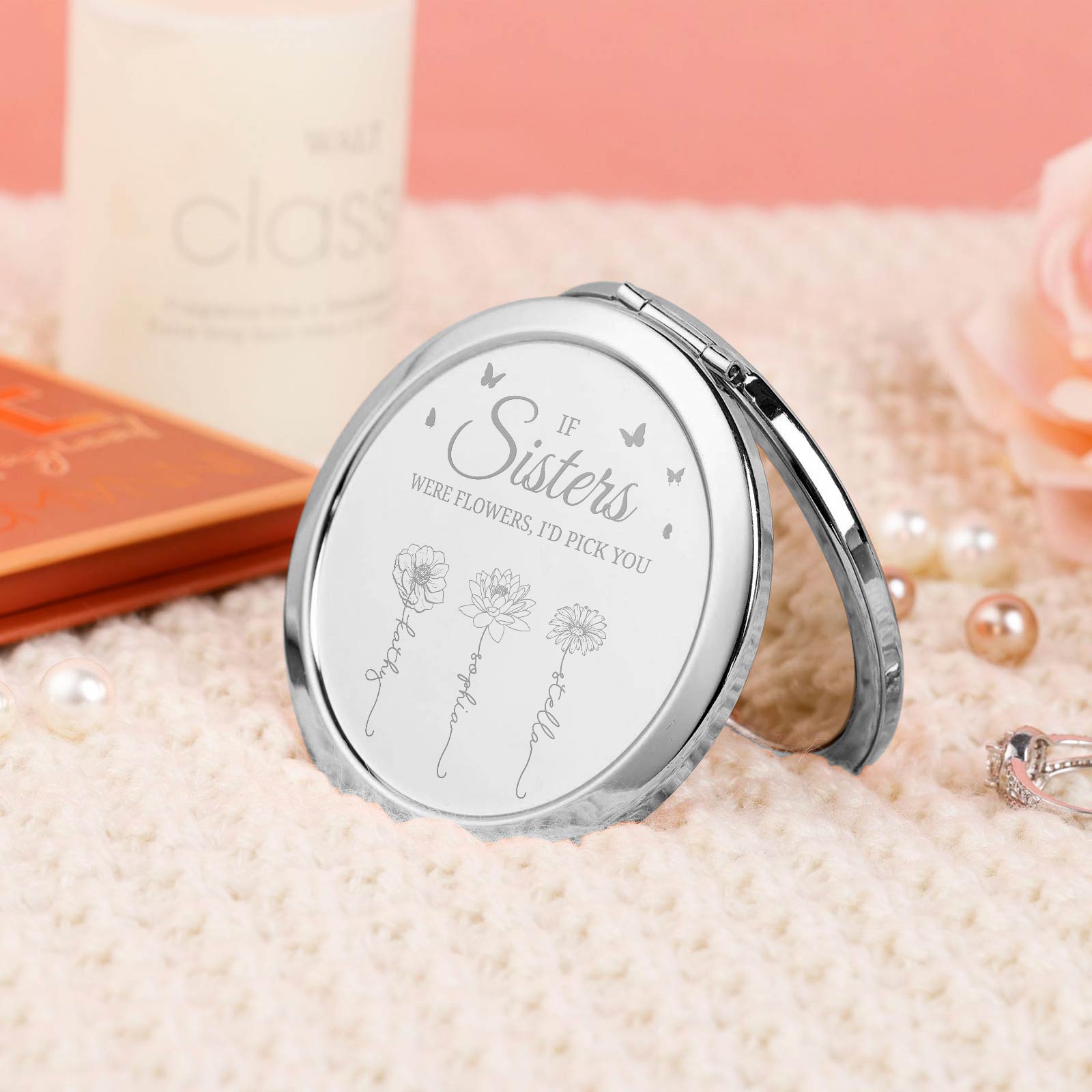 Friends - Sisters Are Different Flowers - Personalized Engraved Compact Mirror