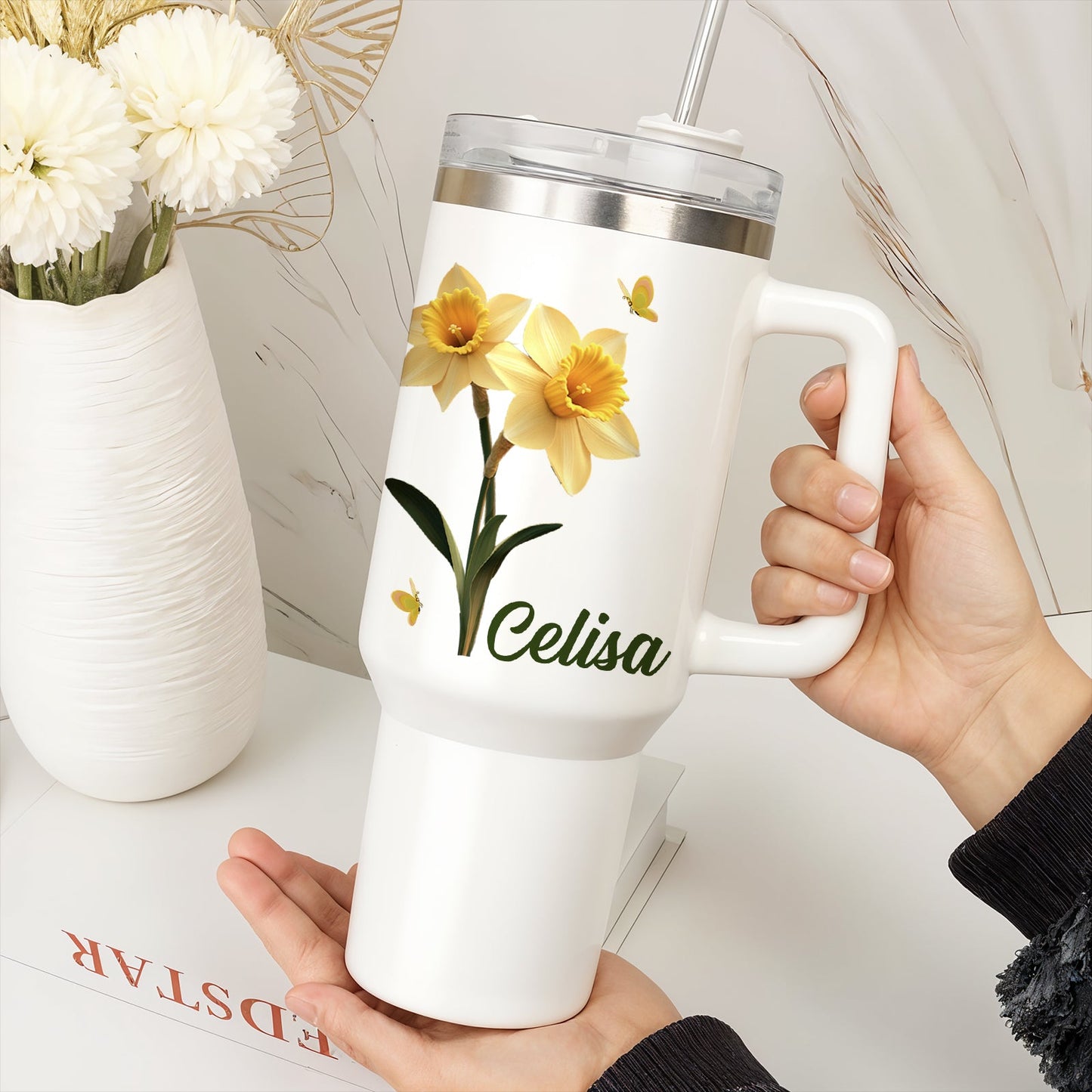 Birth Flower Bliss - Personalized Tumbler With Straw