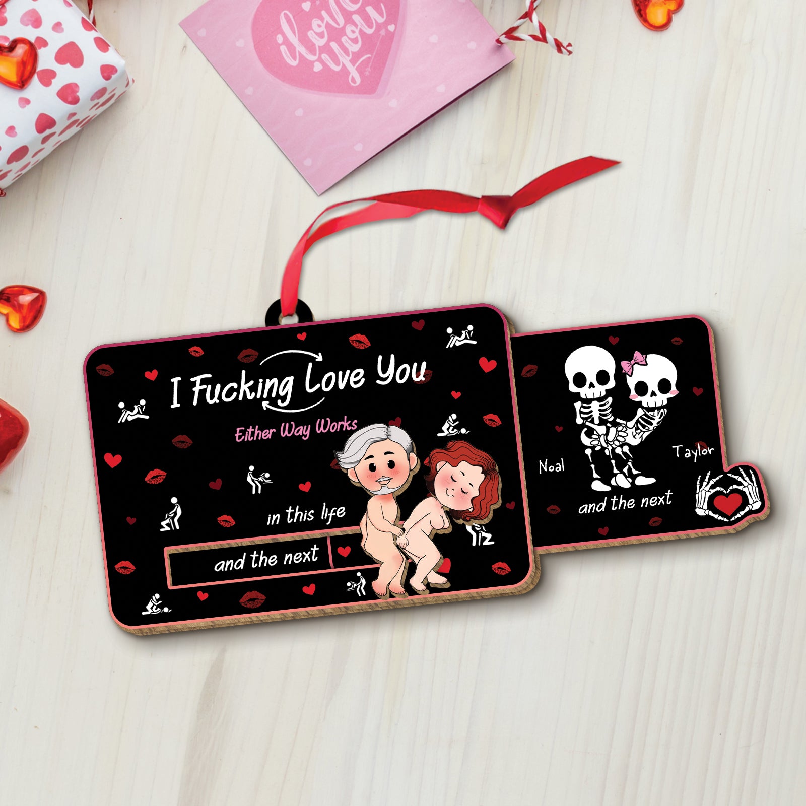 Personalized romantic wooden card featuring playful skeletons and a heartfelt message for couples