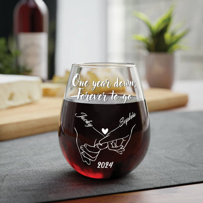 Couple - One Year Down, Forever To Go - Personalized Holding Hand Wine Glass