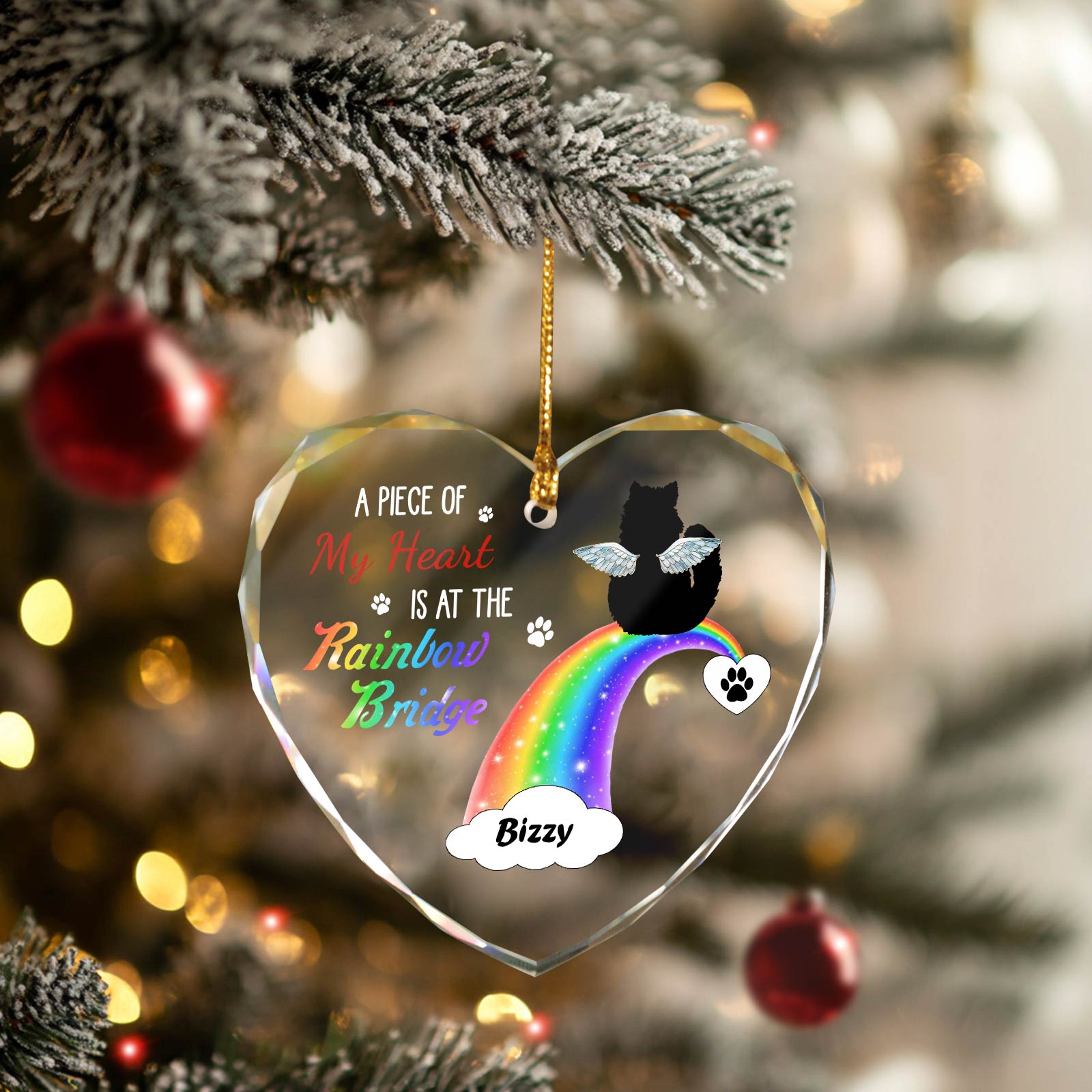 Pet Lover - A Piece Of My Heart Is At The Rainbow Bridge - Personalized Heart Shape Glass Ornament