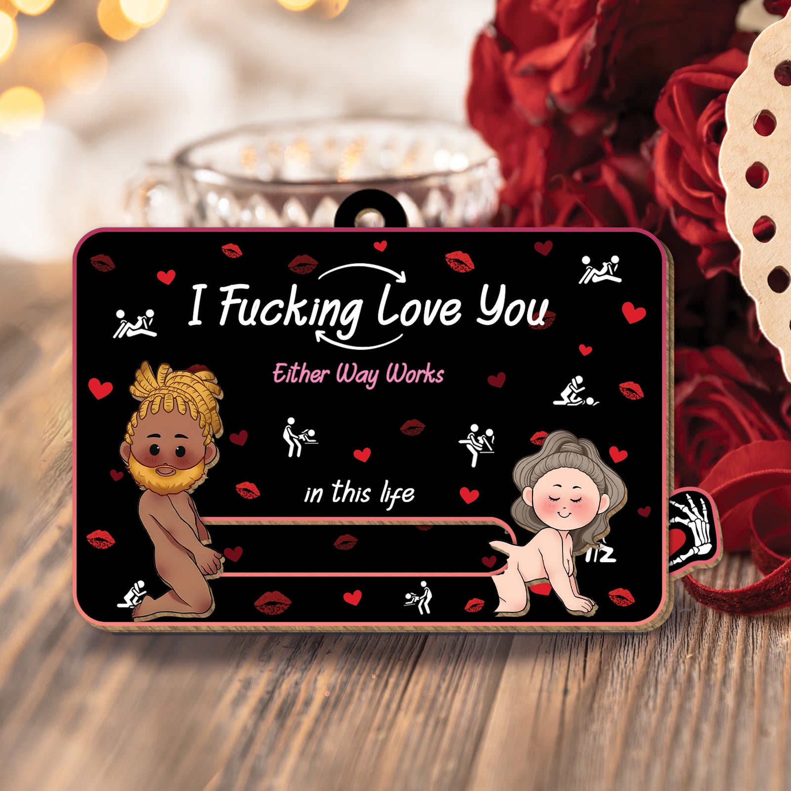 Personalized romantic wooden card with playful love design and heartfelt message