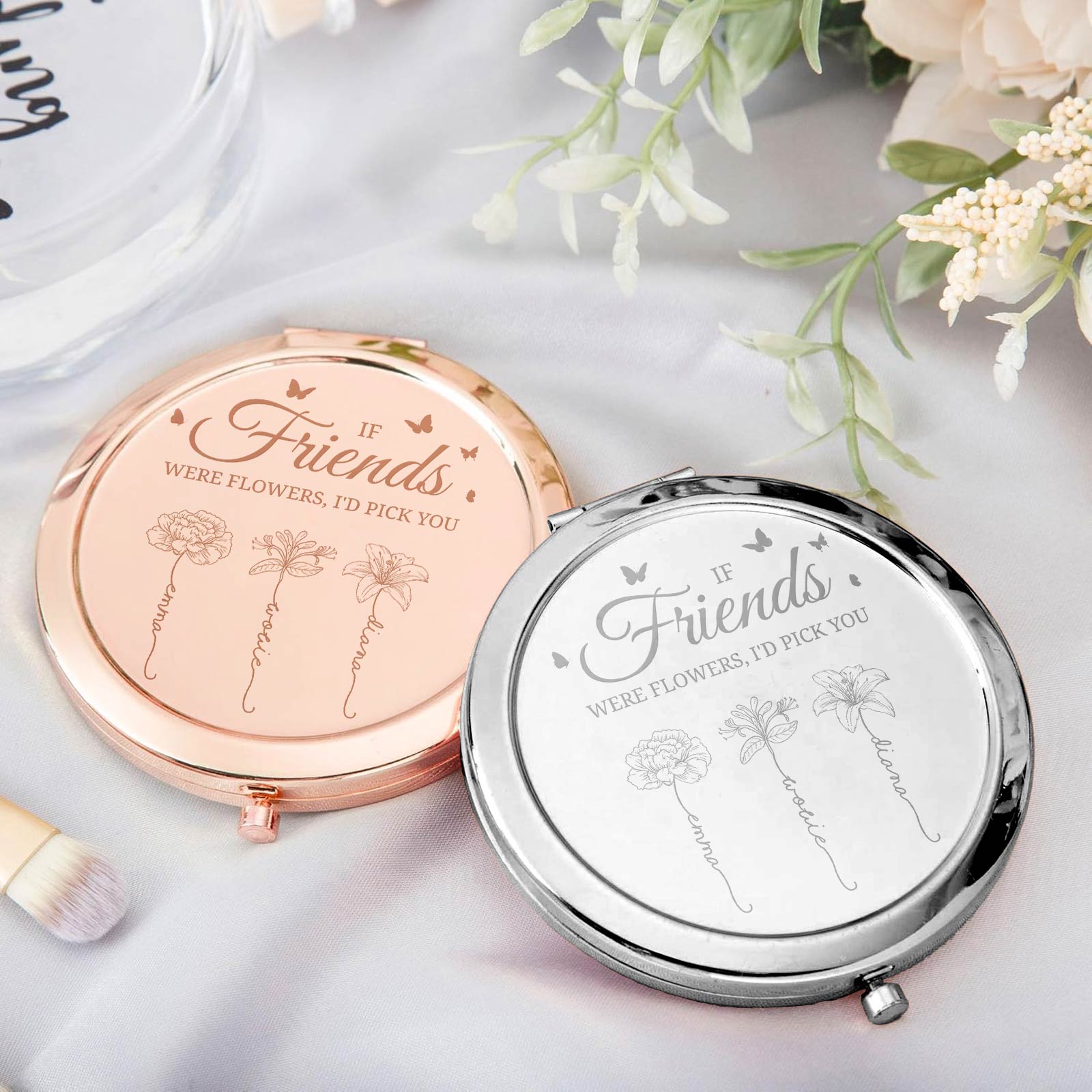 Friends - Sisters Are Different Flowers - Personalized Engraved Compact Mirror