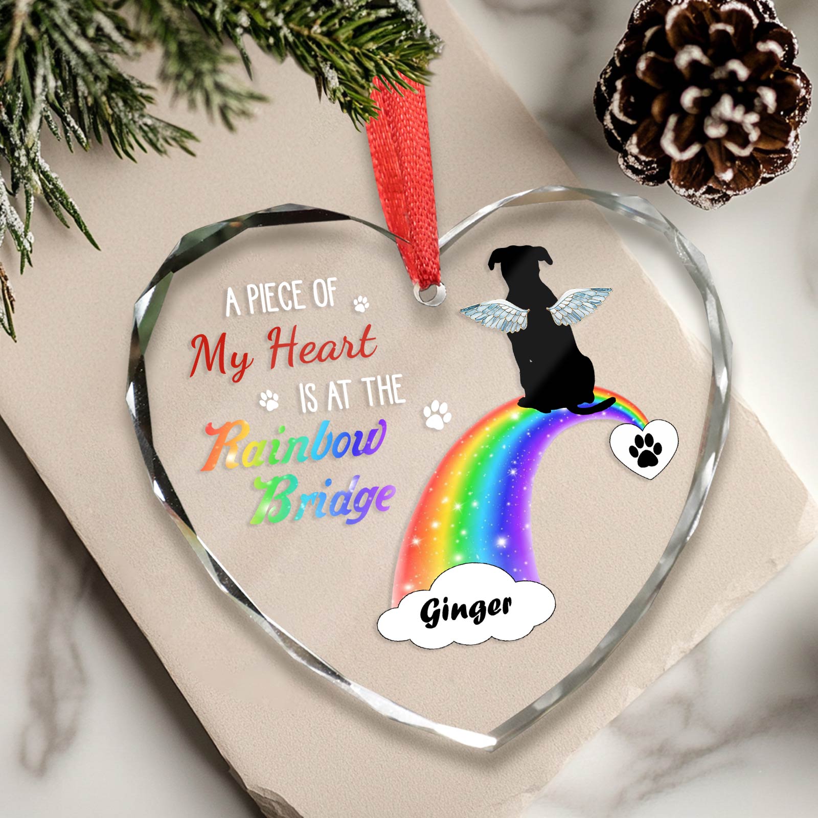 Pet Lover - A Piece Of My Heart Is At The Rainbow Bridge - Personalized Heart Shape Glass Ornament
