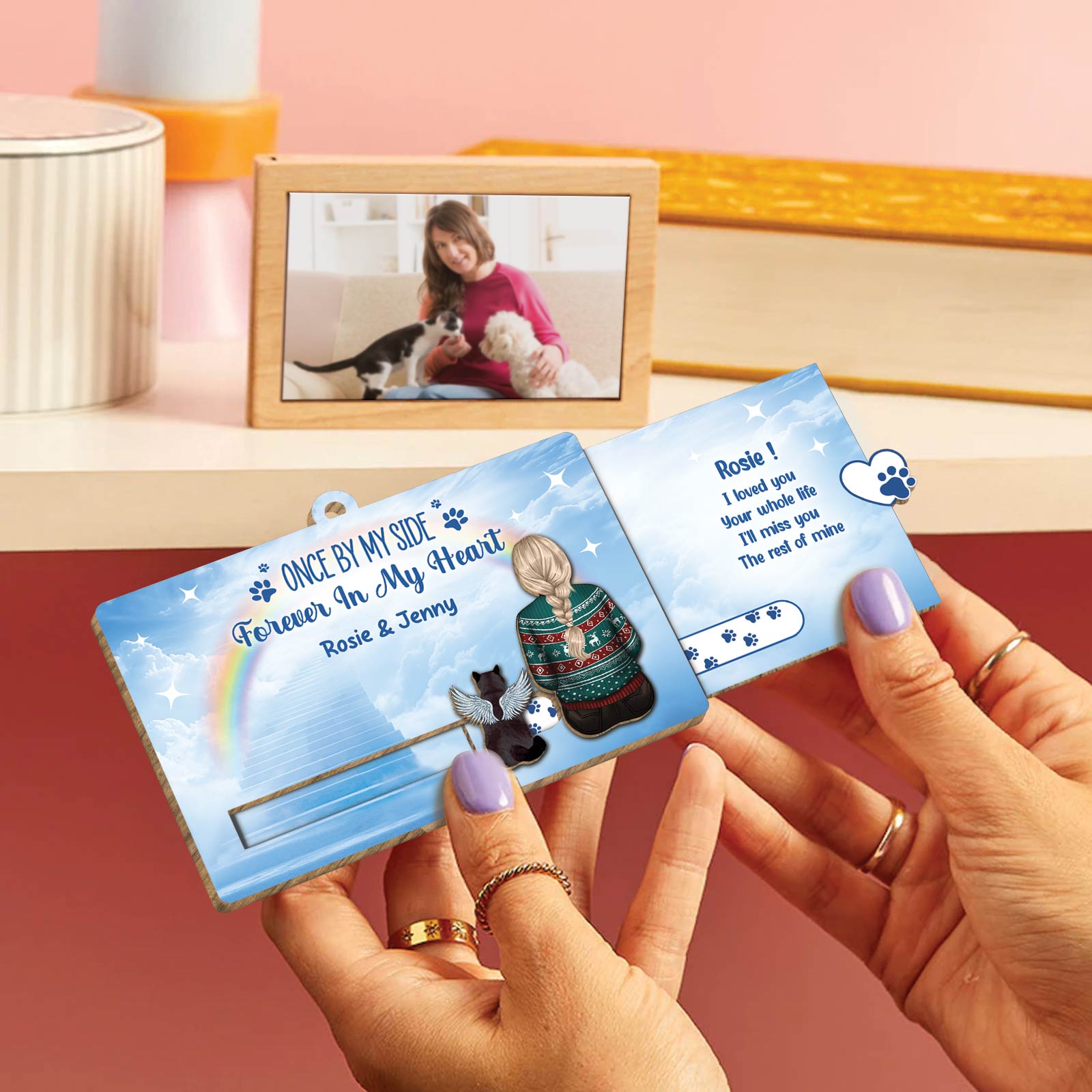 Pet Lover - You Left Pawprints On My Heart - Personalized Pet & You Wooden Slider Card