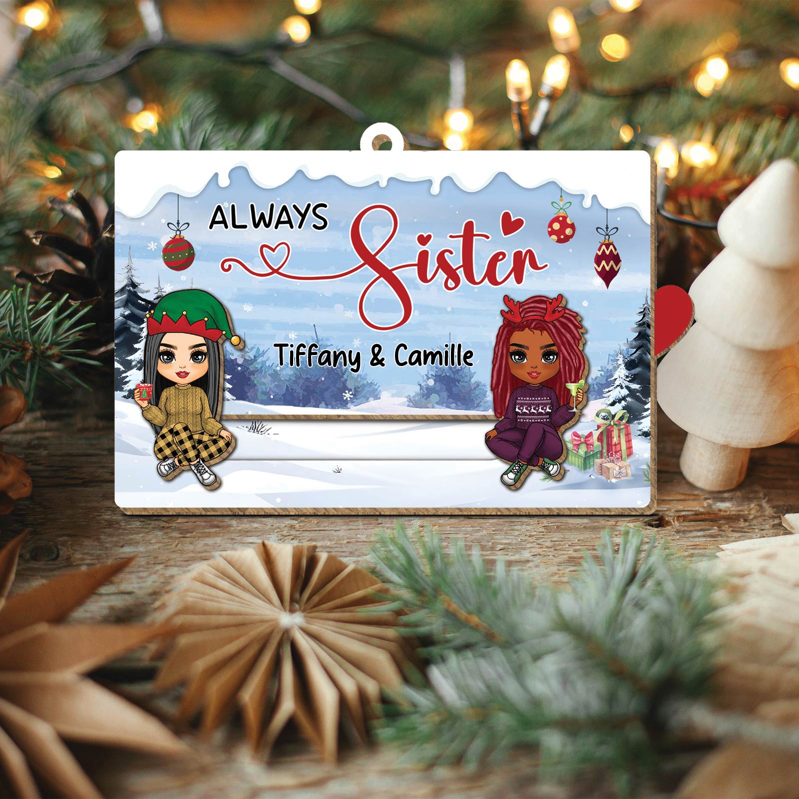 Besties - Always Sister - Personalized Wooden Slider Card Ornament