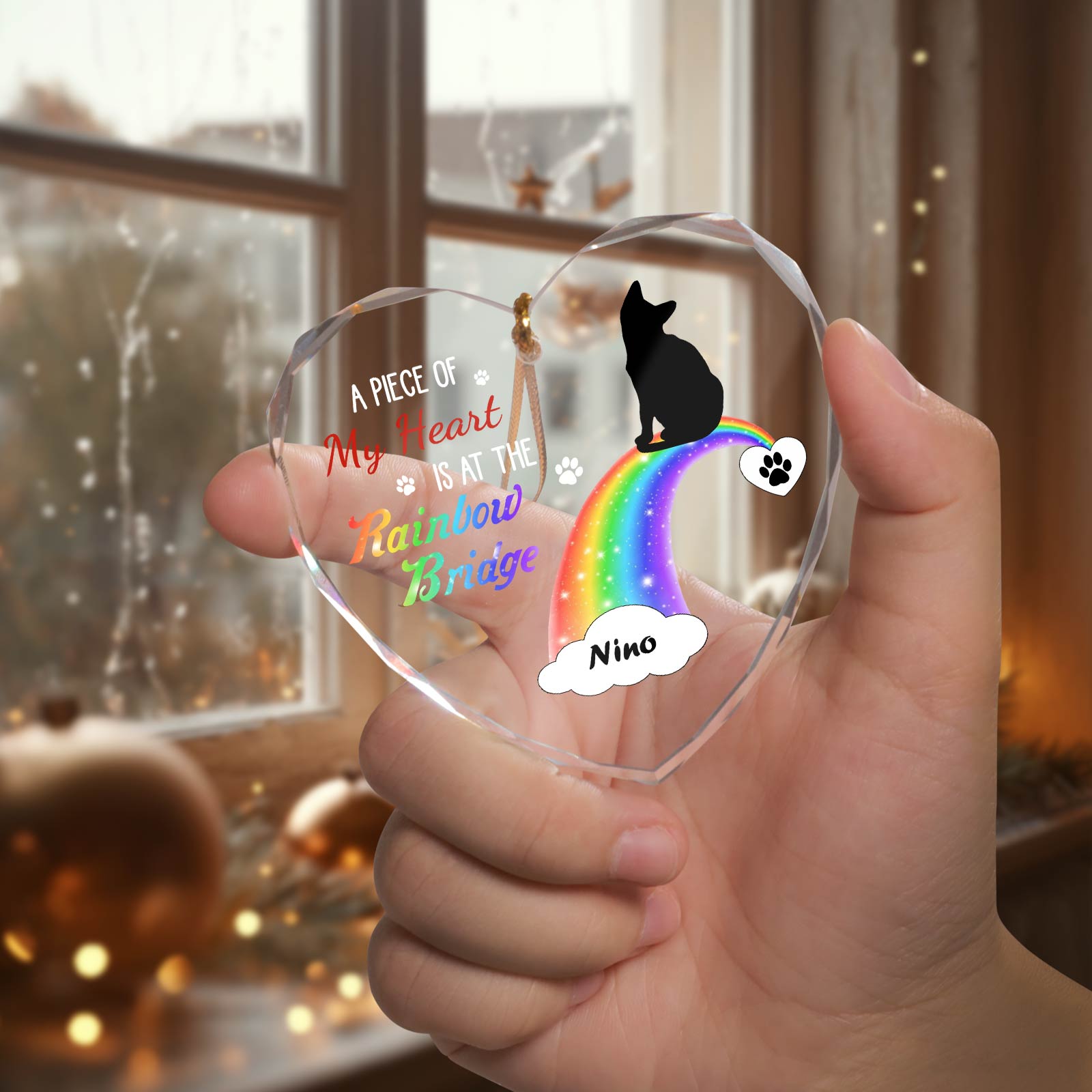 Pet Lover - A Piece Of My Heart Is At The Rainbow Bridge - Personalized Heart Shape Glass Ornament