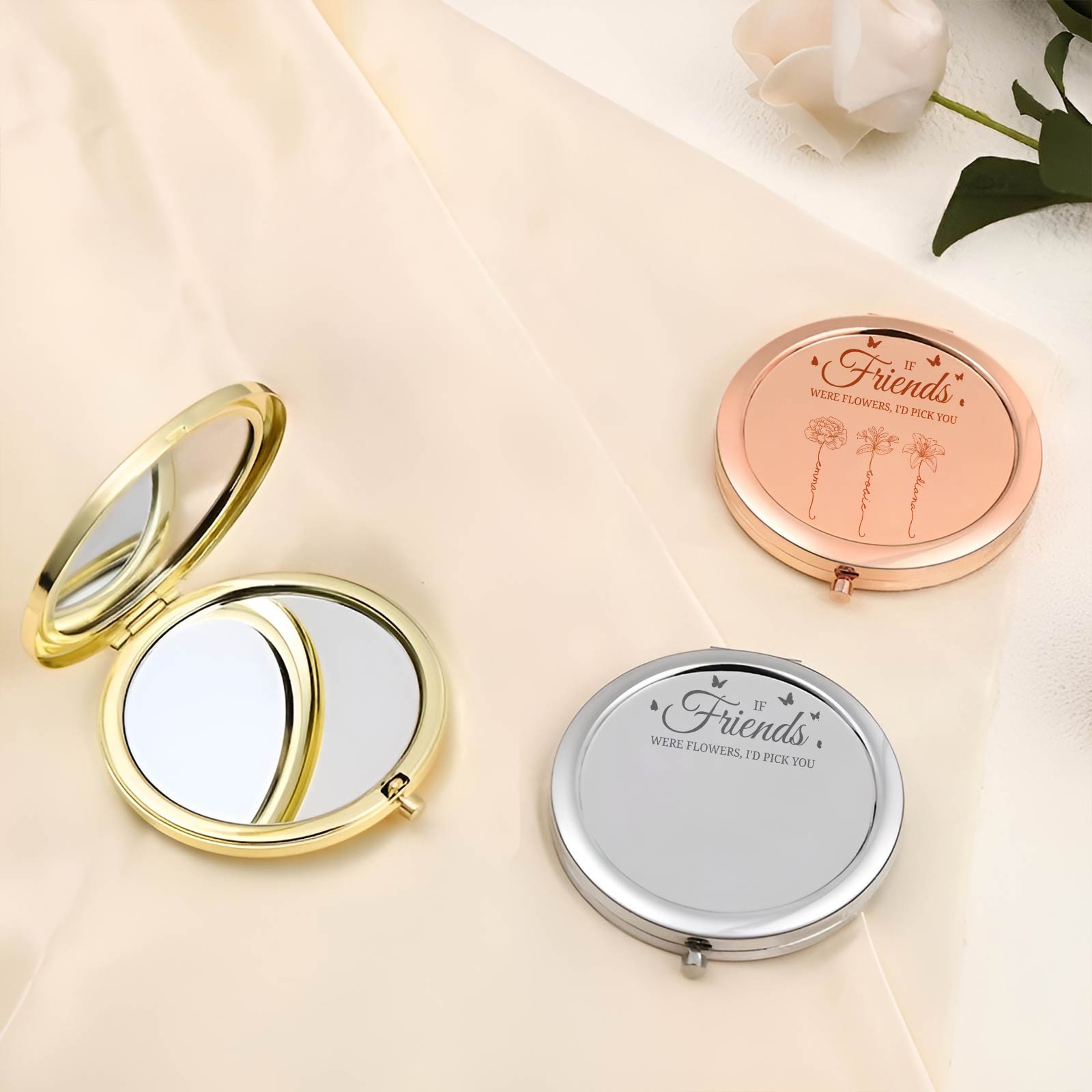 Friends - Sisters Are Different Flowers - Personalized Engraved Compact Mirror