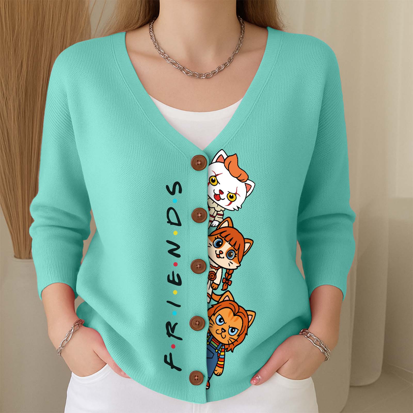 Personalized Halloween cat cardigan in teal featuring cute cartoon cats and 'FRIENDS' text