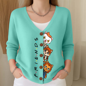Personalized Halloween cat cardigan in teal featuring cute cartoon cats and 'FRIENDS' text