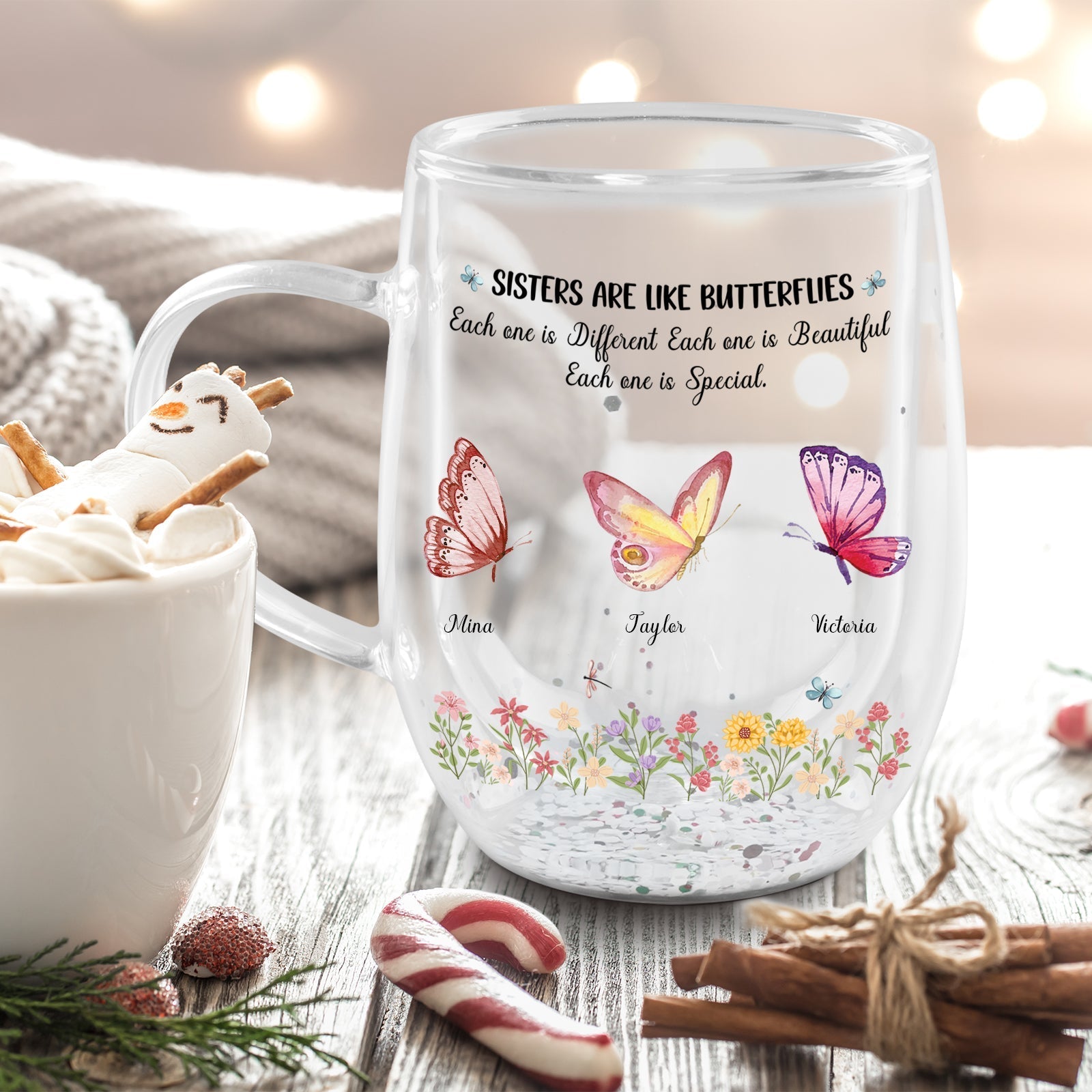 Besties - Sisters Are Like Butterflies - Personalized Flower Double Walled Glass
