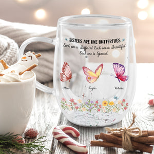 Besties - Sisters Are Like Butterflies - Personalized Flower Double Walled Glass