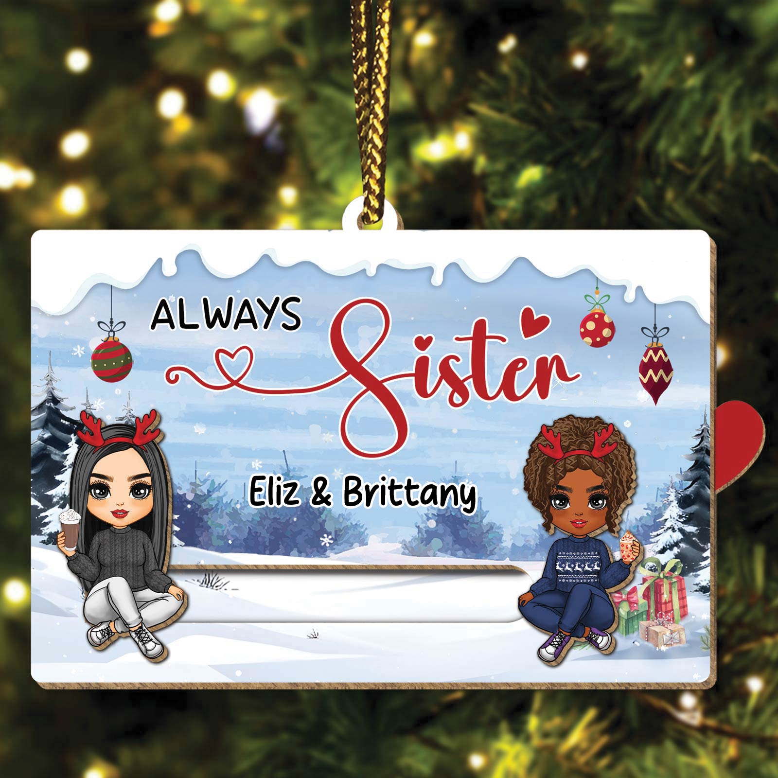 Besties - Always Sister - Personalized Wooden Slider Card Ornament