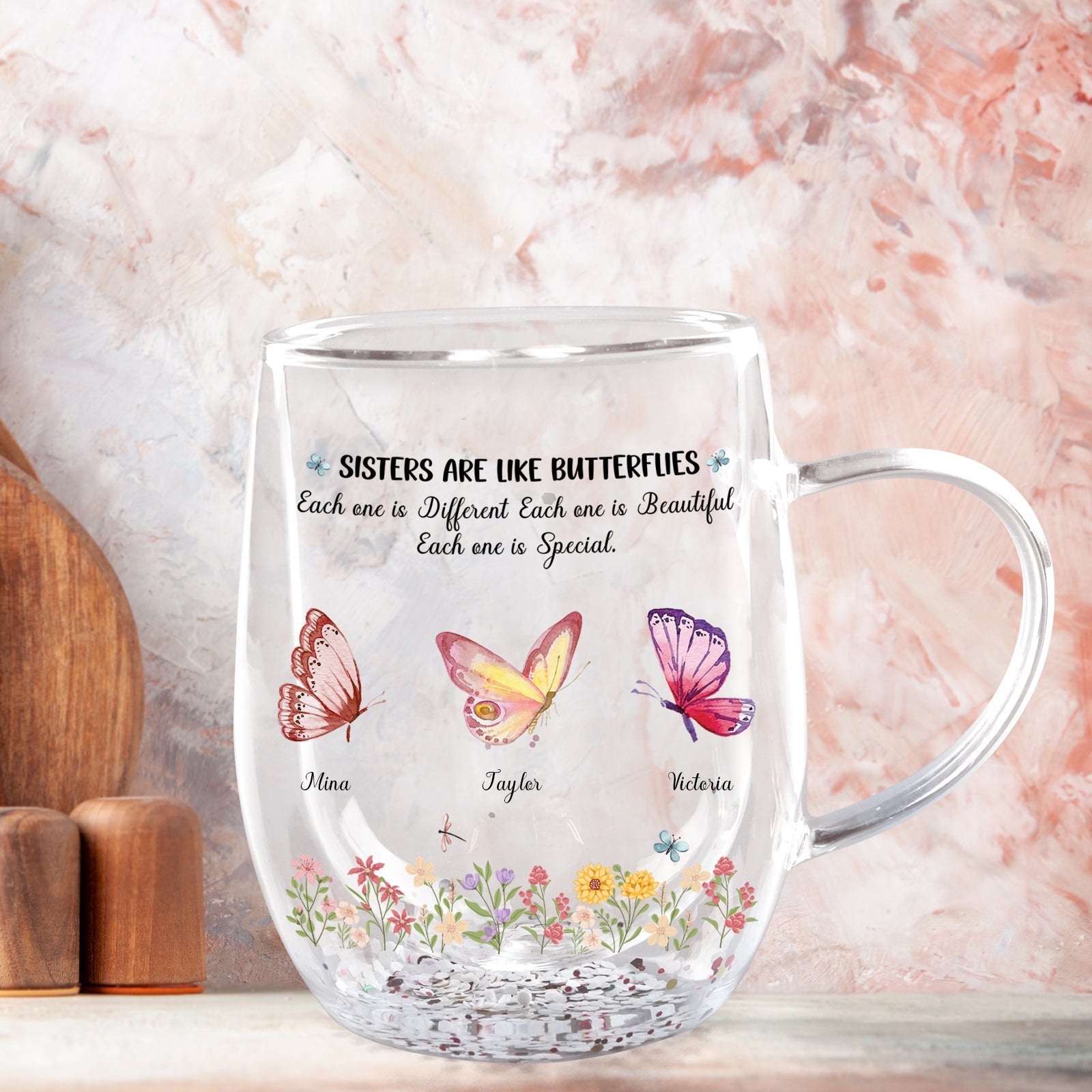 Besties - Sisters Are Like Butterflies - Personalized Flower Double Walled Glass