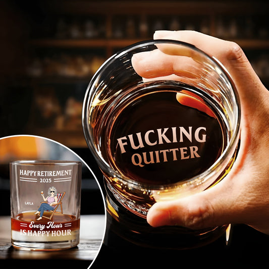 Personalized Whiskey Glass engraved with FUCKING QUITTER held in hand plus inset Happy Retirement 2025 retirement glass