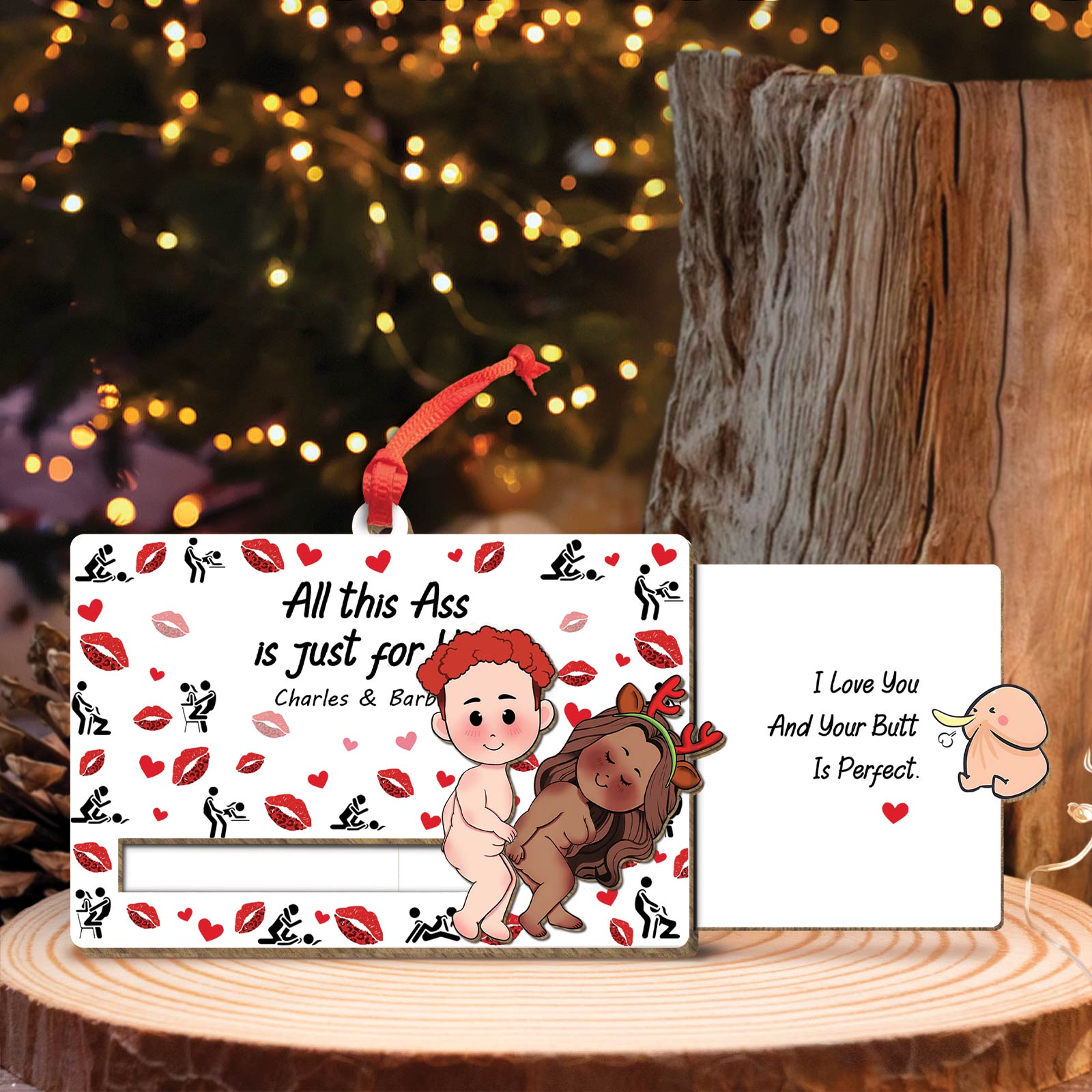 Couple - I Love You And Your Butt Is Perfect - Personalized Wooden Slider Ornament Version 2