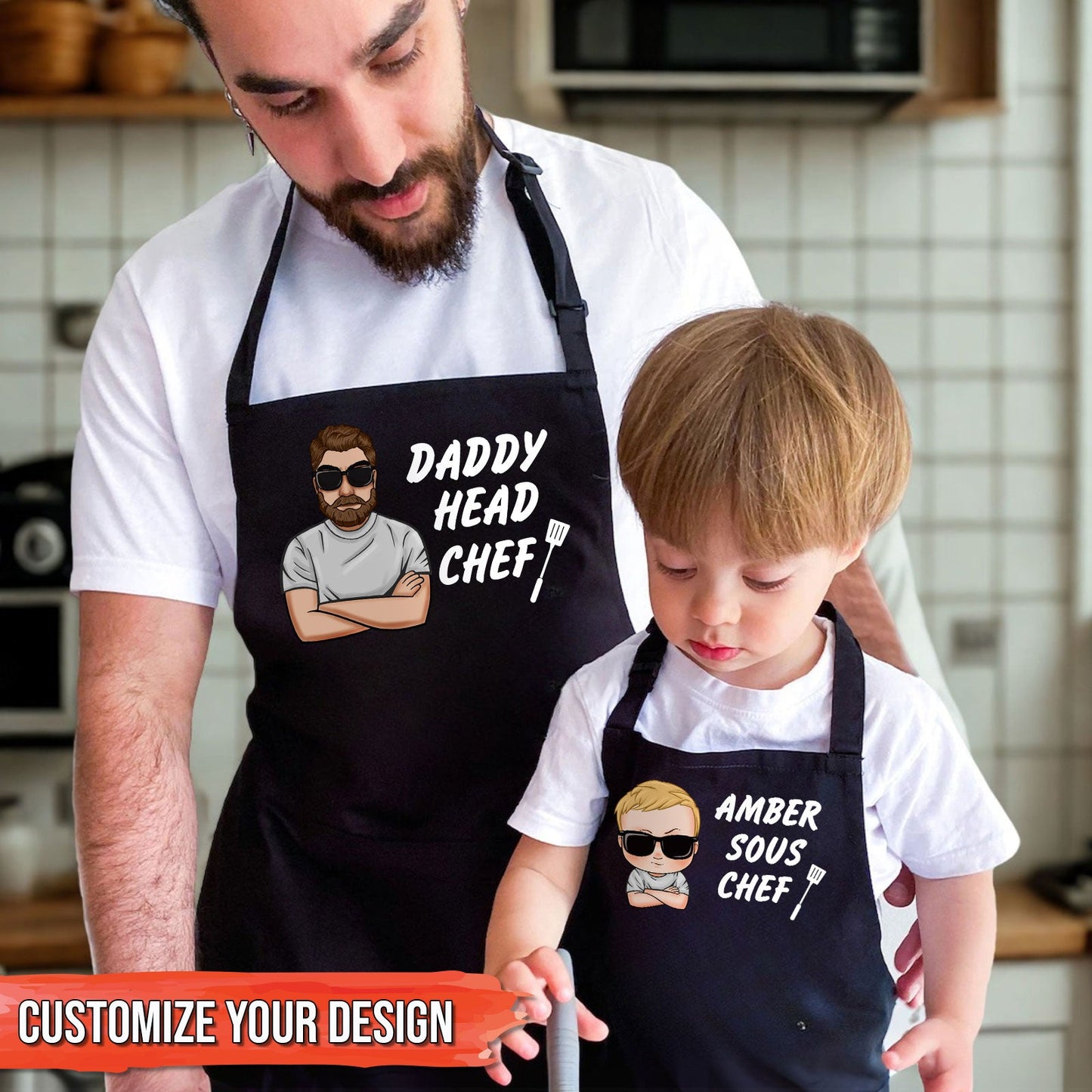 Father - Daddy Head Chef & Kid Sous Chef - Matching Personalized Aprons
