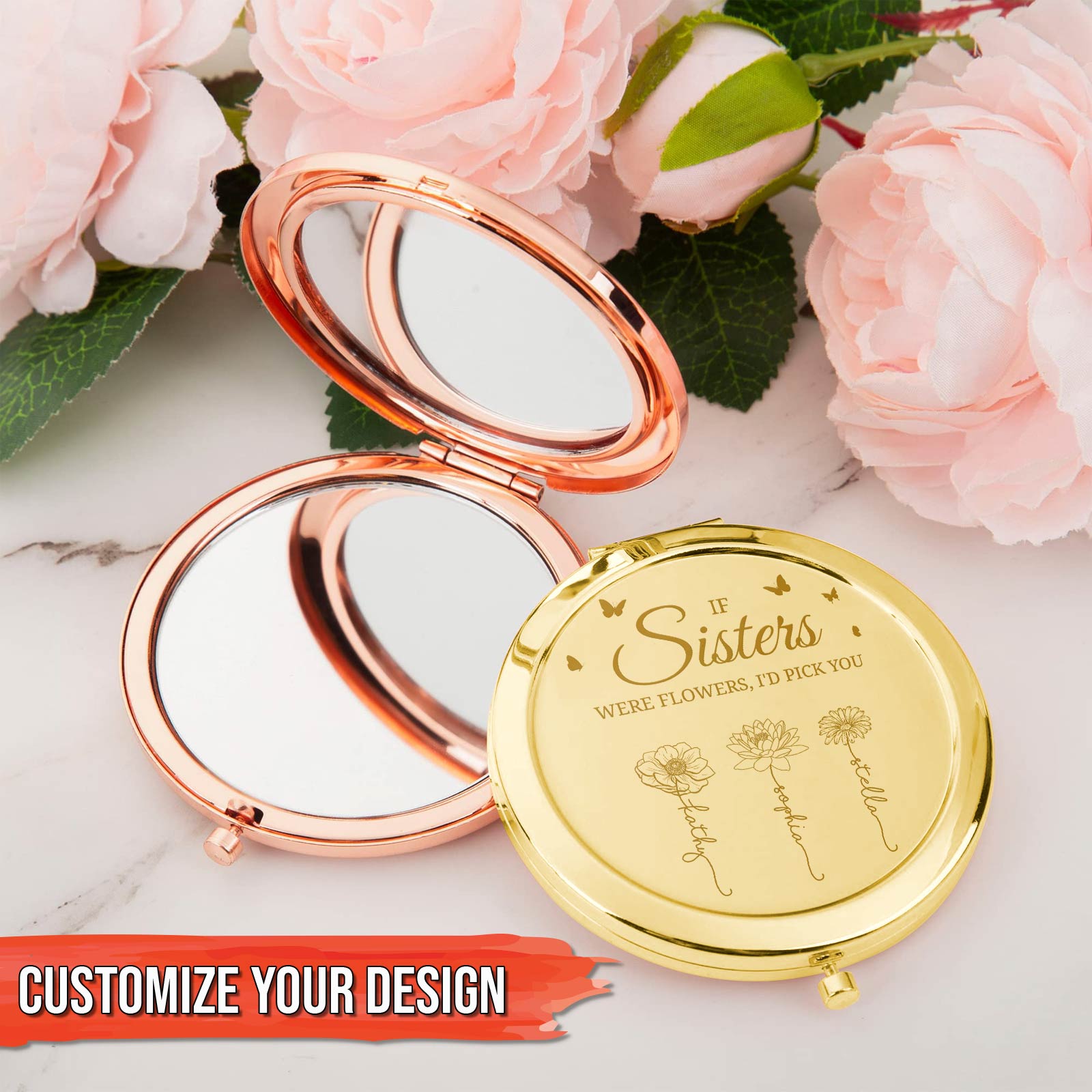 Friends - Sisters Are Different Flowers - Personalized Engraved Compact Mirror