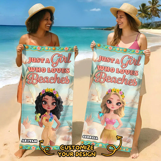 Two women on beach holding 365Gifty Personalized Beach Towel with custom cartoon girl designs and names