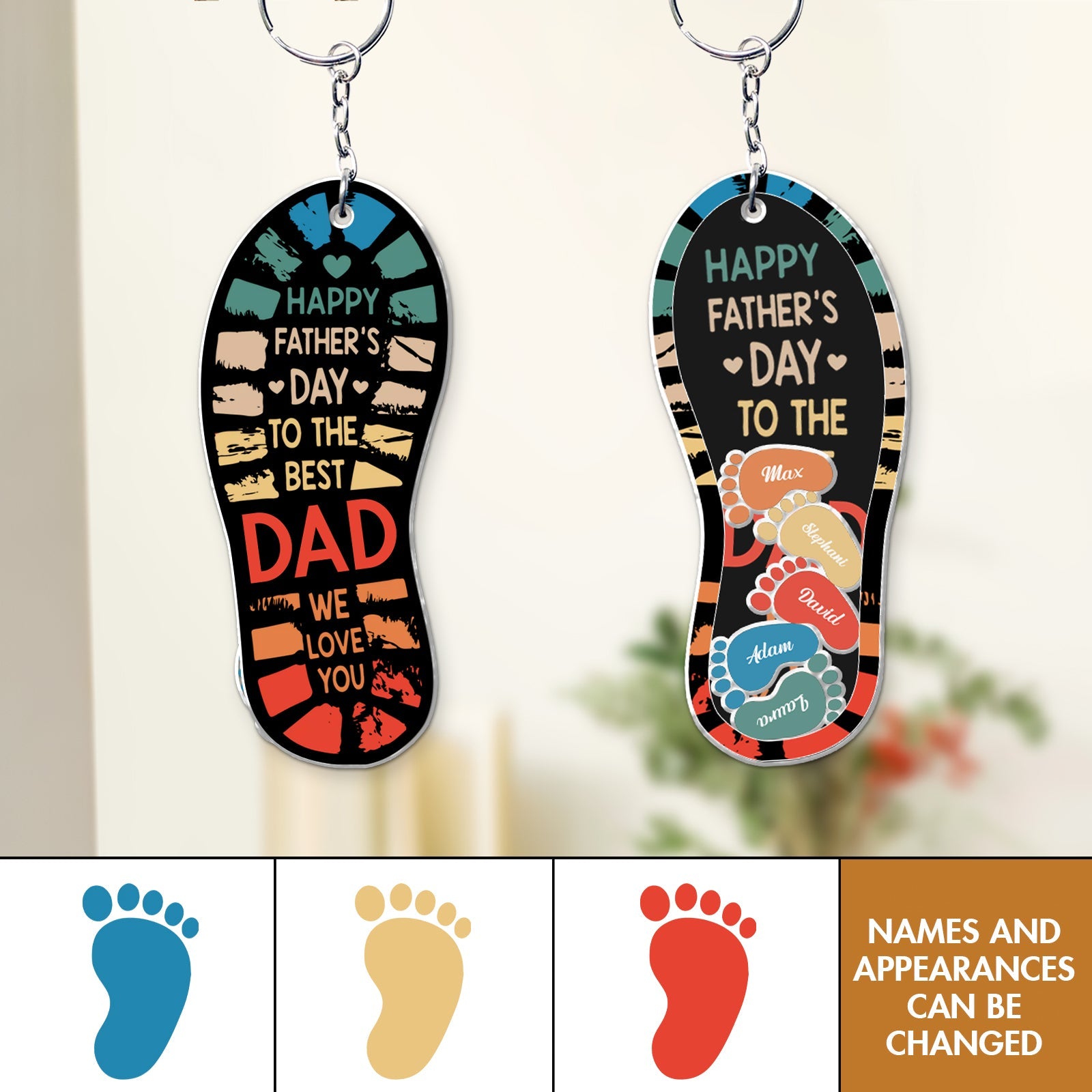 Father - Dad And Kids Footprints - Personalized Acrylic Shaking Keychain