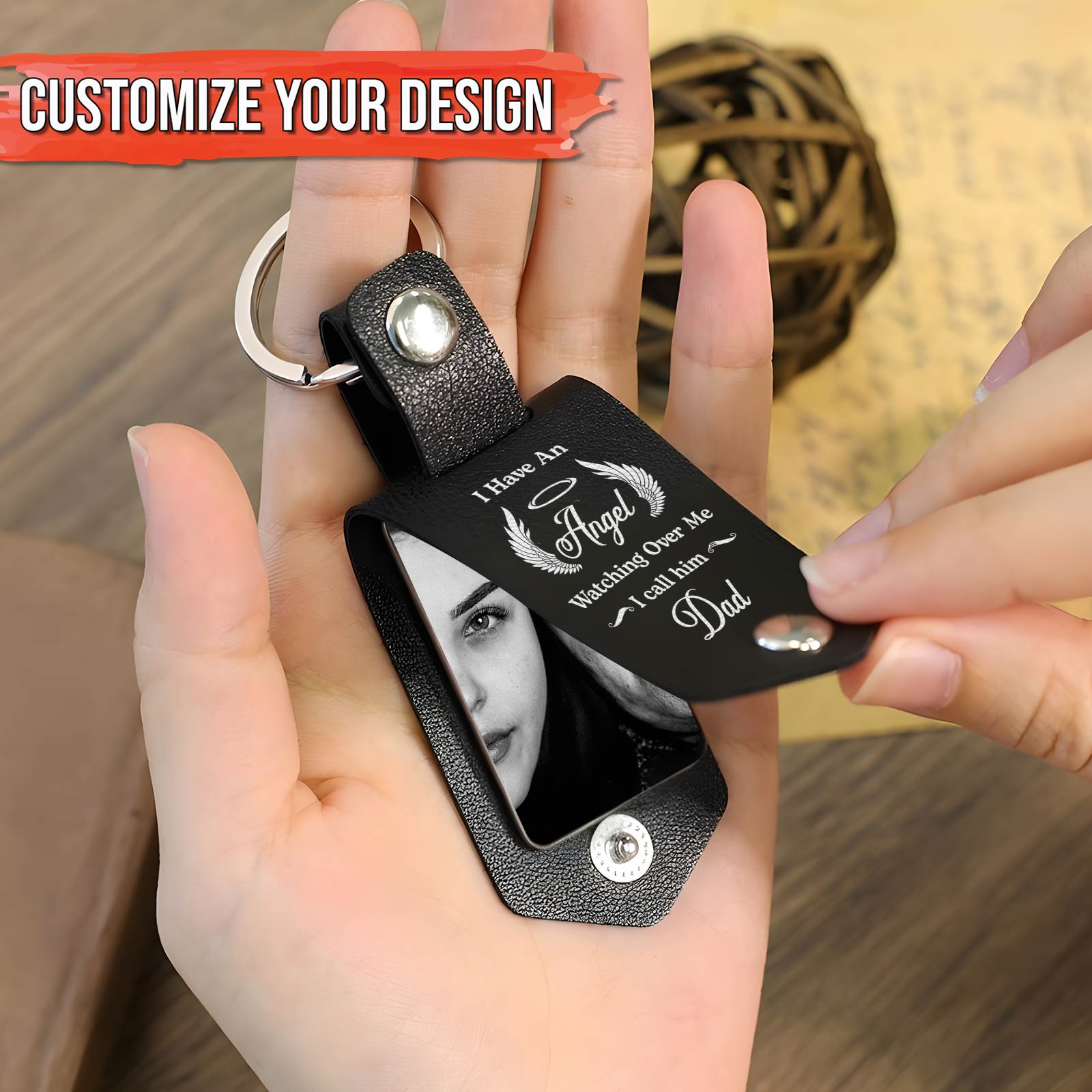 Family - I Have An Angel Watching Over Me, I Call Him Dad - Personalized Leather Photo Keychain