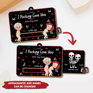 Personalized romantic wooden card with customizable names and playful design for special occasions