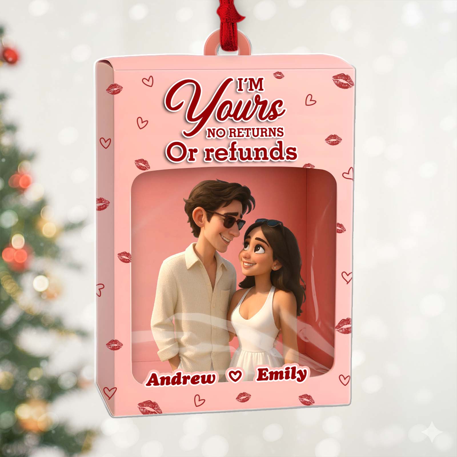 Personalized 3D couple gift box featuring animated figures of a couple with names Andrew and Emily