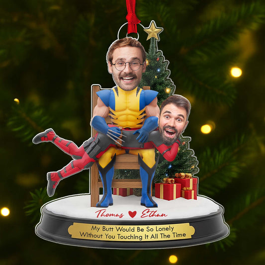 Unique personalized couple Christmas ornament featuring custom characters and a heartfelt message