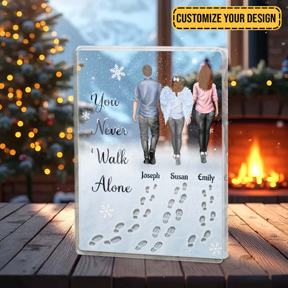 Customized Acrylic Block for Family with You Never Walk Alone message and three walking figures in winter scene