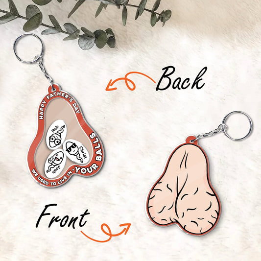 Funny acrylic shaking keychain for fathers featuring humorous cartoon designs on both sides