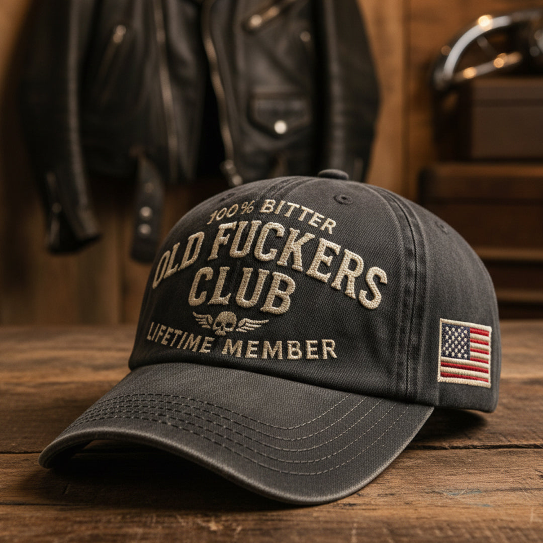 Vintage Washed Black 'Old Fuckers Club' Embroidered  Baseball Cap