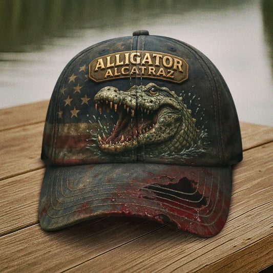 365Gifty Alcatraz art print baseball hat featuring an alligator graphic and distressed American flag design