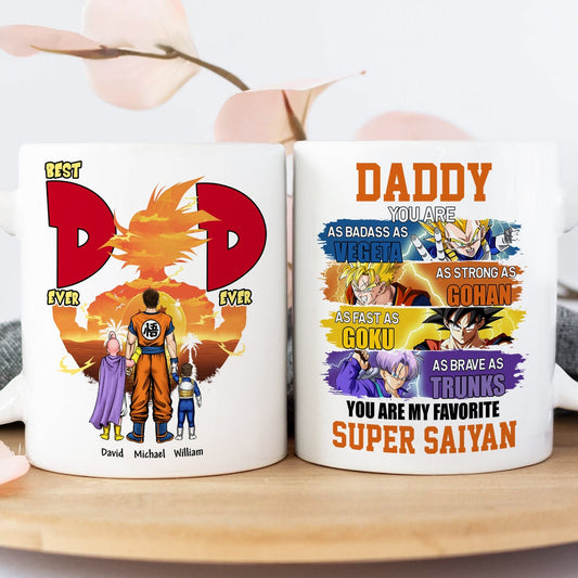 365Gifty anime best dad ever mug featuring Dragon Ball characters and personalized names on white ceramic