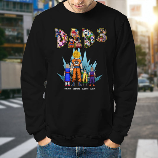 Black anime dad shirt with kids names personalized design featuring anime characters and names Natalie Leonard Eugene Dustin