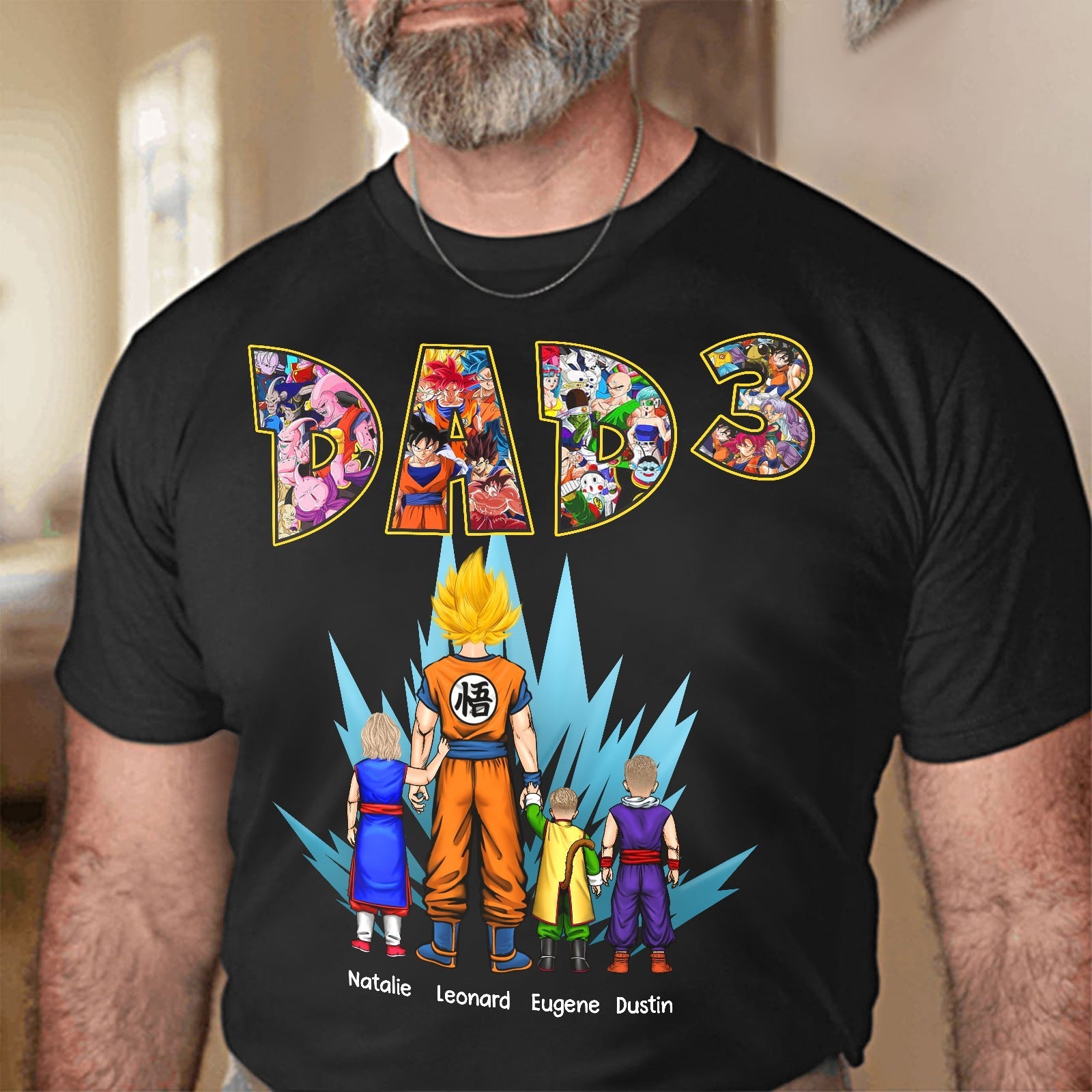Black anime dad shirt with kids names Natalie Leonard Eugene Dustin and vibrant anime designs