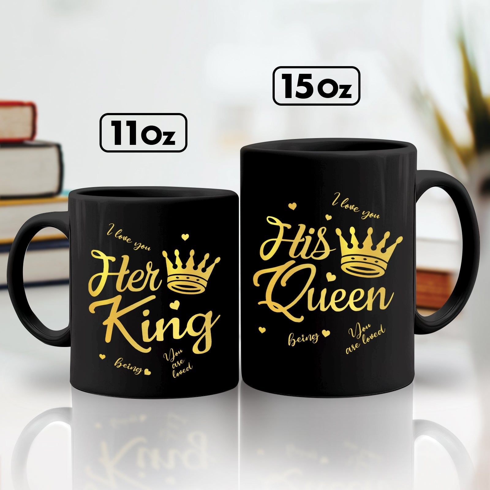 Anniversary personalized coffee mug set in black featuring His Queen and Her King designs