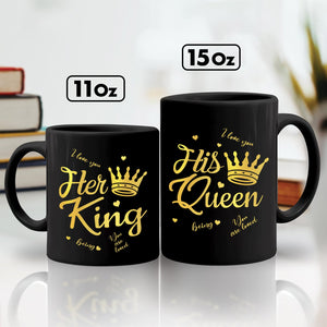 Anniversary personalized coffee mug set in black featuring His Queen and Her King designs