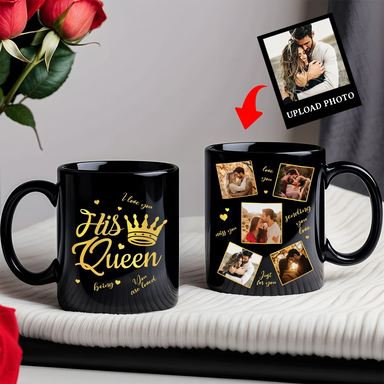 Black anniversary personalized coffee mug featuring His Queen design and customizable photo collage