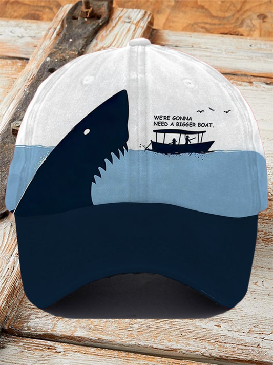 365Gifty Baseball Cap with shark and boat graphic and quote we're gonna need a bigger boat