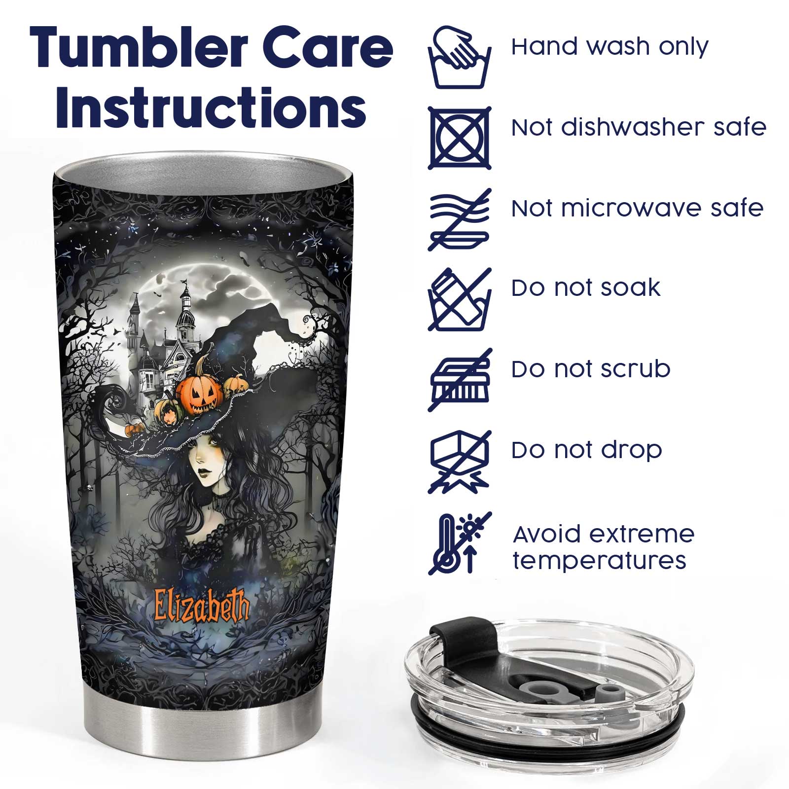 Beautiful witch tumbler with name Elizabeth and Halloween design with care instructions