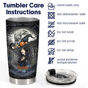 Beautiful witch tumbler with name Elizabeth and Halloween design with care instructions
