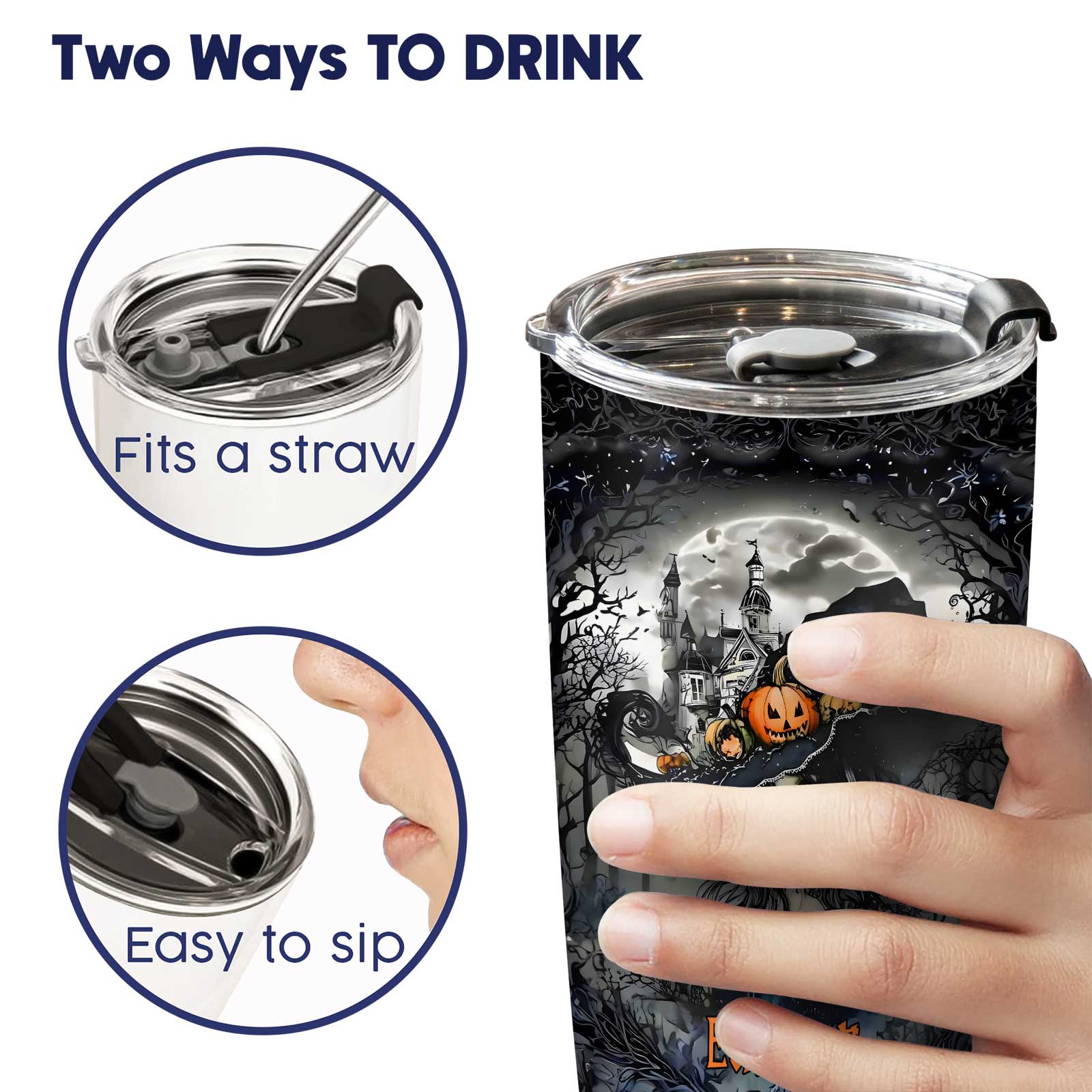 Beautiful witch tumbler with name showing two drinking options with straw fit and easy sip lid