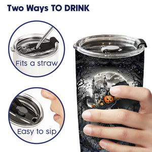 Beautiful witch tumbler with name showing two drinking options with straw fit and easy sip lid