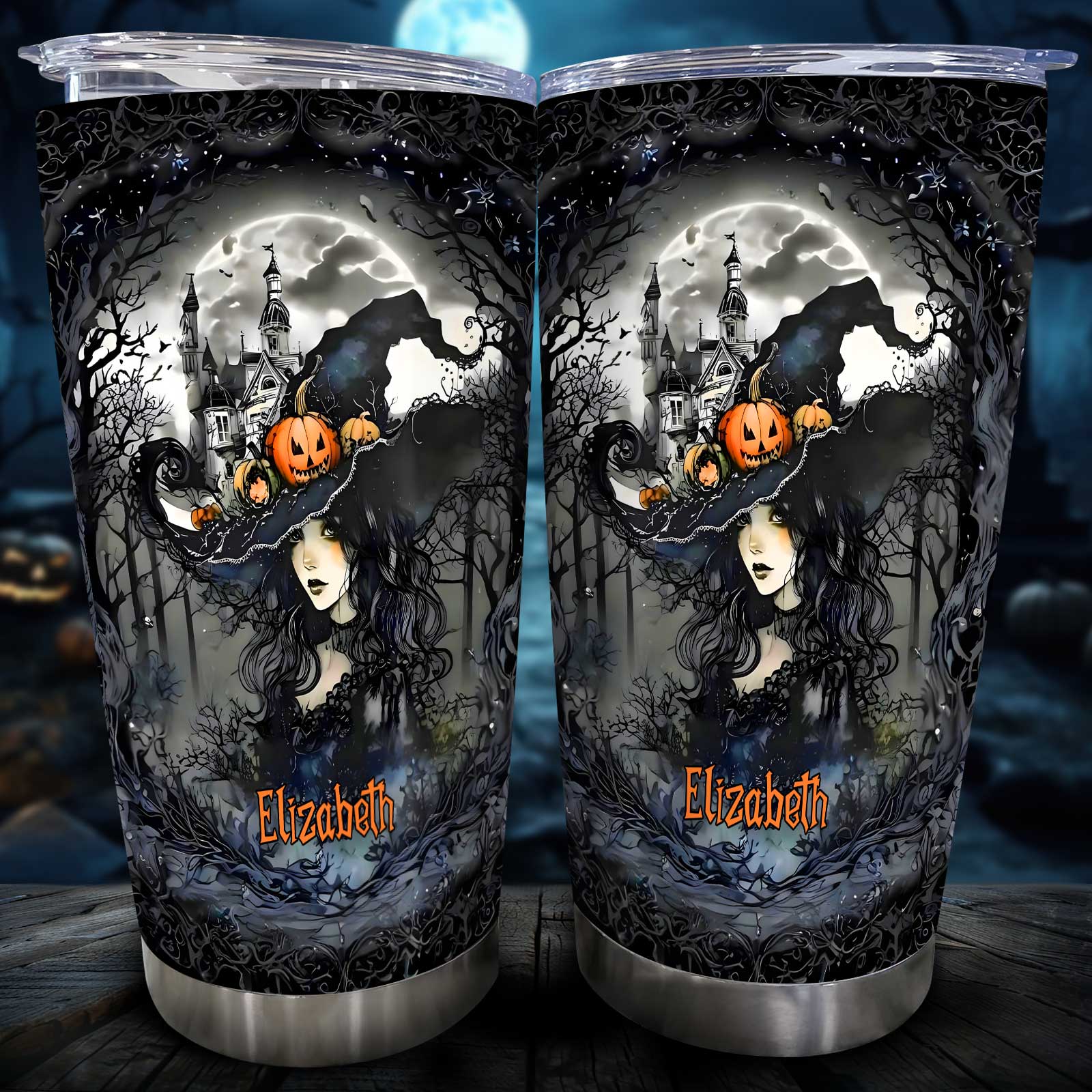 Beautiful witch tumbler with name Elizabeth featuring a Halloween witch design with pumpkins and a spooky castle