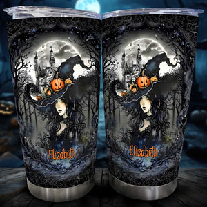 Beautiful witch tumbler with name Elizabeth featuring a Halloween witch design with pumpkins and a spooky castle