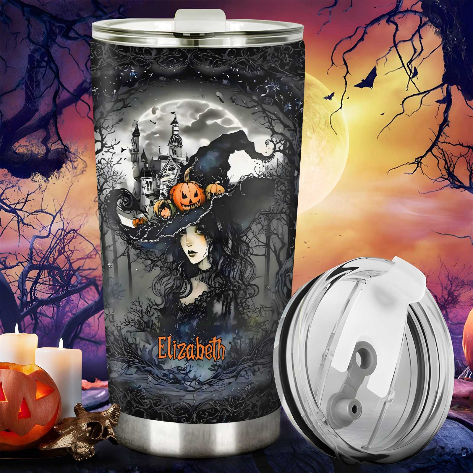 Beautiful witch tumbler with name Elizabeth featuring Halloween design with pumpkins and haunted castle